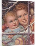 Mother and child looking at bird through window by Anonymous