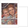 Mother and child looking at bird through window by Anonymous