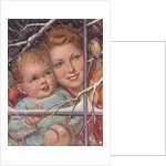 Mother and child looking at bird through window by Anonymous