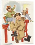 Children putting on winter clothes for outdoor play by Anonymous