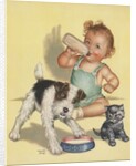 Baby with dog and kitten by Anonymous