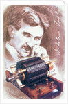 Nikola Tesla with machine by Anonymous