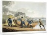 Men hauling dinghy to shore by Anonymous