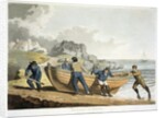 Men hauling dinghy to shore by Anonymous