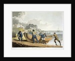 Men hauling dinghy to shore by Anonymous