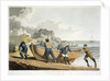 Men hauling dinghy to shore by Anonymous