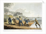 Men hauling dinghy to shore by Anonymous