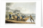 Men hauling dinghy to shore by Anonymous