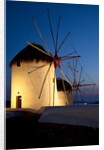 Windmills lite up at dusk, Greek Island of Mykonos by Anonymous