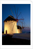 Windmills lite up at dusk, Greek Island of Mykonos by Anonymous