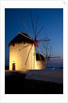Windmills lite up at dusk, Greek Island of Mykonos by Anonymous