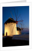 Windmills lite up at dusk, Greek Island of Mykonos by Anonymous