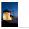 Windmills lite up at dusk, Greek Island of Mykonos by Anonymous