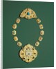 Pieces of a gold necklace with grey chalcedony, turquoise, and glass by Anonymous