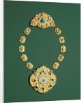 Pieces of a gold necklace with grey chalcedony, turquoise, and glass by Anonymous