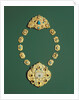 Pieces of a gold necklace with grey chalcedony, turquoise, and glass by Anonymous