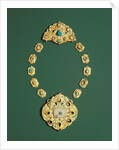 Pieces of a gold necklace with grey chalcedony, turquoise, and glass by Anonymous