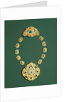 Pieces of a gold necklace with grey chalcedony, turquoise, and glass by Anonymous