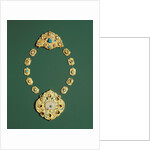 Pieces of a gold necklace with grey chalcedony, turquoise, and glass by Anonymous