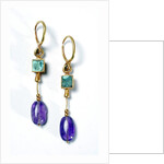 Drop earrings with gold, amethyst and emerald by Anonymous