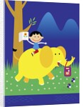 Boy Riding Elephant by Anonymous