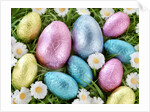 Chocolate Easter eggs in coloured foil in grass by Anonymous