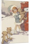 Illustration of girl and teddy bears mailing letters by Anonymous