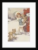 Illustration of girl and teddy bears mailing letters by Anonymous