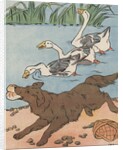 Illustration of geese honking at dog stealing food from basket by Anonymous
