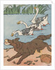 Illustration of geese honking at dog stealing food from basket by Anonymous