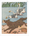Illustration of geese honking at dog stealing food from basket by Anonymous