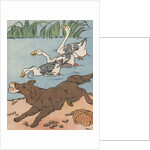 Illustration of geese honking at dog stealing food from basket by Anonymous