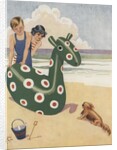 Illustration of dog frightened by inflatable beach toy by Anonymous