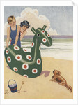Illustration of dog frightened by inflatable beach toy by Anonymous