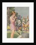 Illustration of girl hanging puppies in stockings by Anonymous