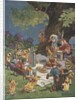 Illustration of rabbits and ducks at picnic by Anonymous