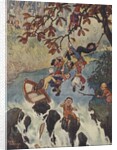 Illustration of men escaping from boat sinking near waterfall by Anonymous