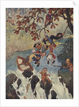 Illustration of men escaping from boat sinking near waterfall by Anonymous