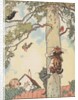 Illustration of cats chasing birds up tree by Anonymous
