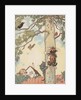 Illustration of cats chasing birds up tree by Anonymous
