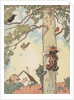 Illustration of cats chasing birds up tree by Anonymous
