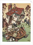 Illustration of giant turtle destroying house by Anonymous