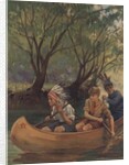 Illustration of three boys in canoe by Anonymous