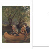 Illustration of three boys in canoe by Anonymous