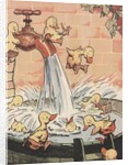 Illustration of ducklings playing in pail of water by Anonymous