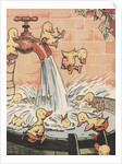 Illustration of ducklings playing in pail of water by Anonymous