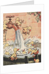 Illustration of ducklings playing in pail of water by Anonymous