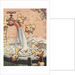 Illustration of ducklings playing in pail of water by Anonymous