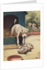 Illustration of dog looking at another dog holding bone by Anonymous