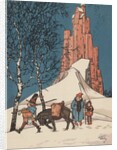 Illustration of man walking with donkey in snow by Anonymous